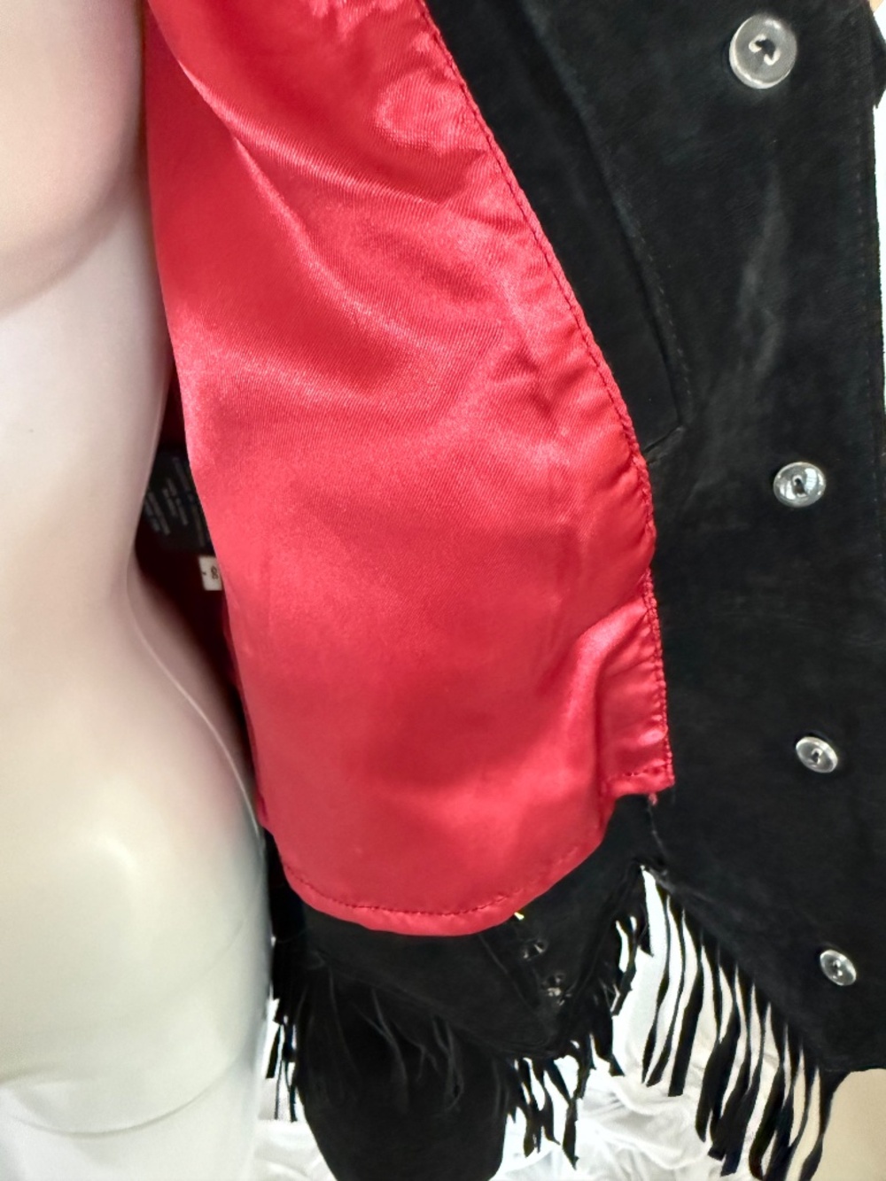 Saguaro Black Suede Leather Fringe Western Jacket | Red Satin Lining | Size L - Picture 10 of 16